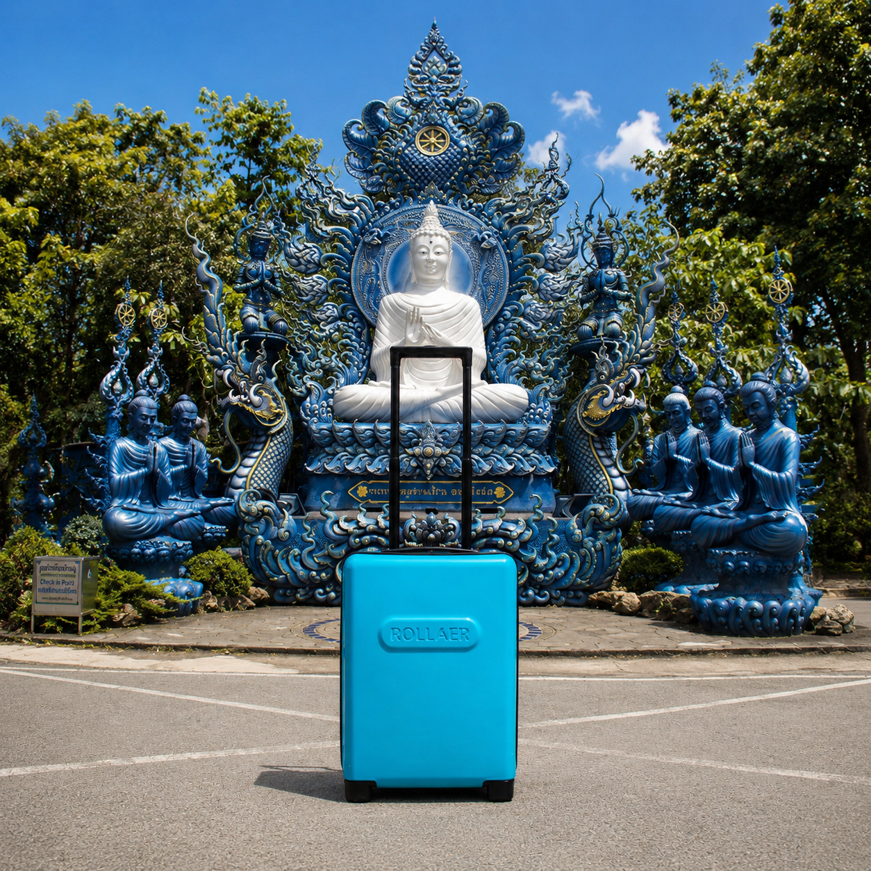 Blue Rollaer suitcase at the Blue Temple